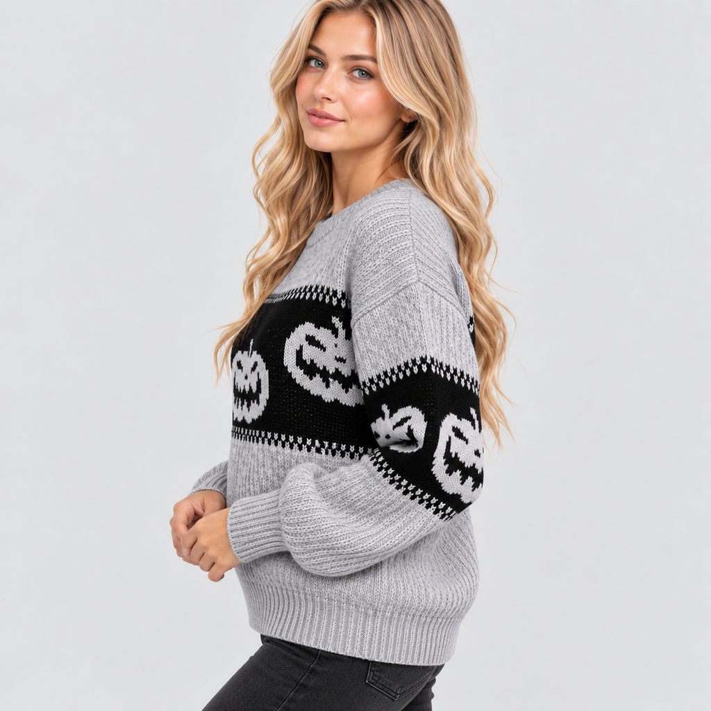 Græskarsweater til Damer - Strik med Uhyggeligt Ansigt til Halloween