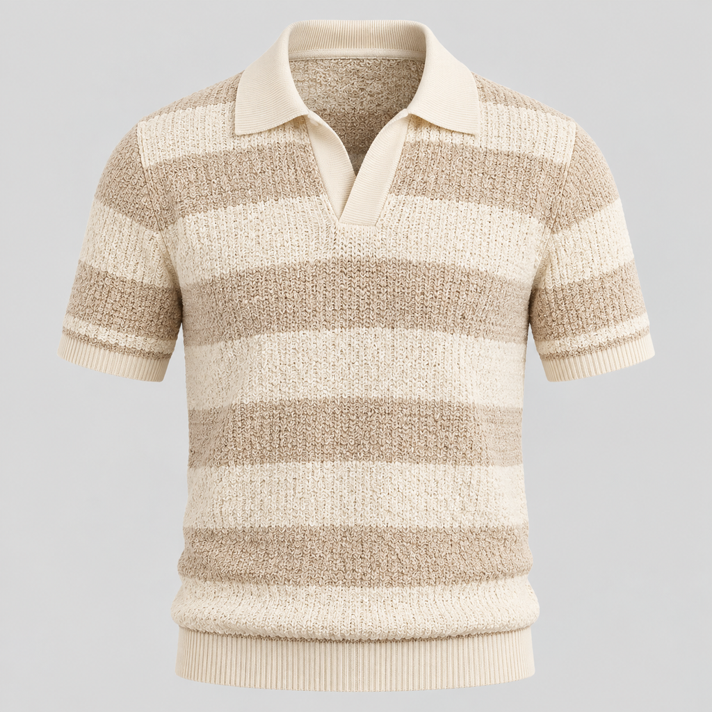 Jacquard Stribet Polo til Herrer - Åben Krave med Ribbede Manchetter
