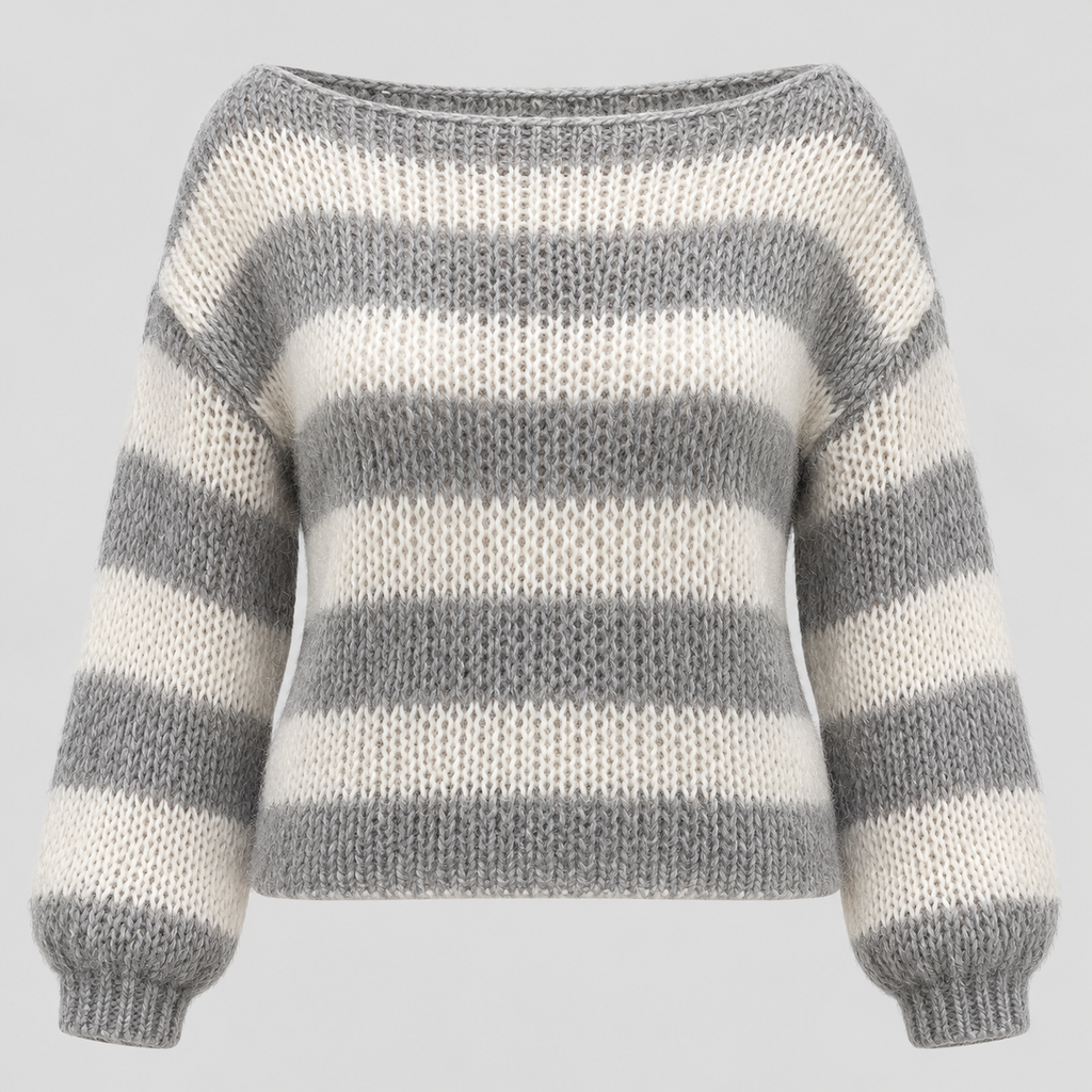 Stribet Sweater med Bådhals til Damer - Strik med Faldende Skuldre