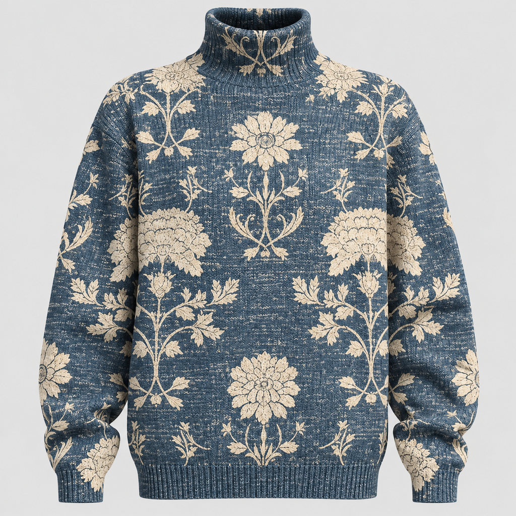 Botanisk Printet Sweater - Rullekrave, Afslappet Strik