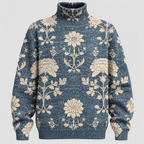 Botanisk Printet Sweater - Rullekrave, Afslappet Strik
