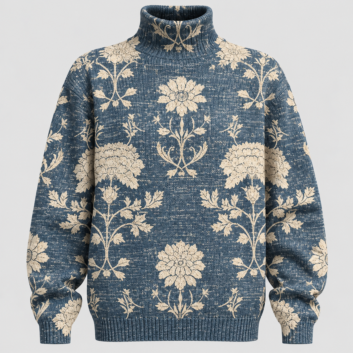 Botanisk Printet Sweater - Rullekrave, Afslappet Strik
