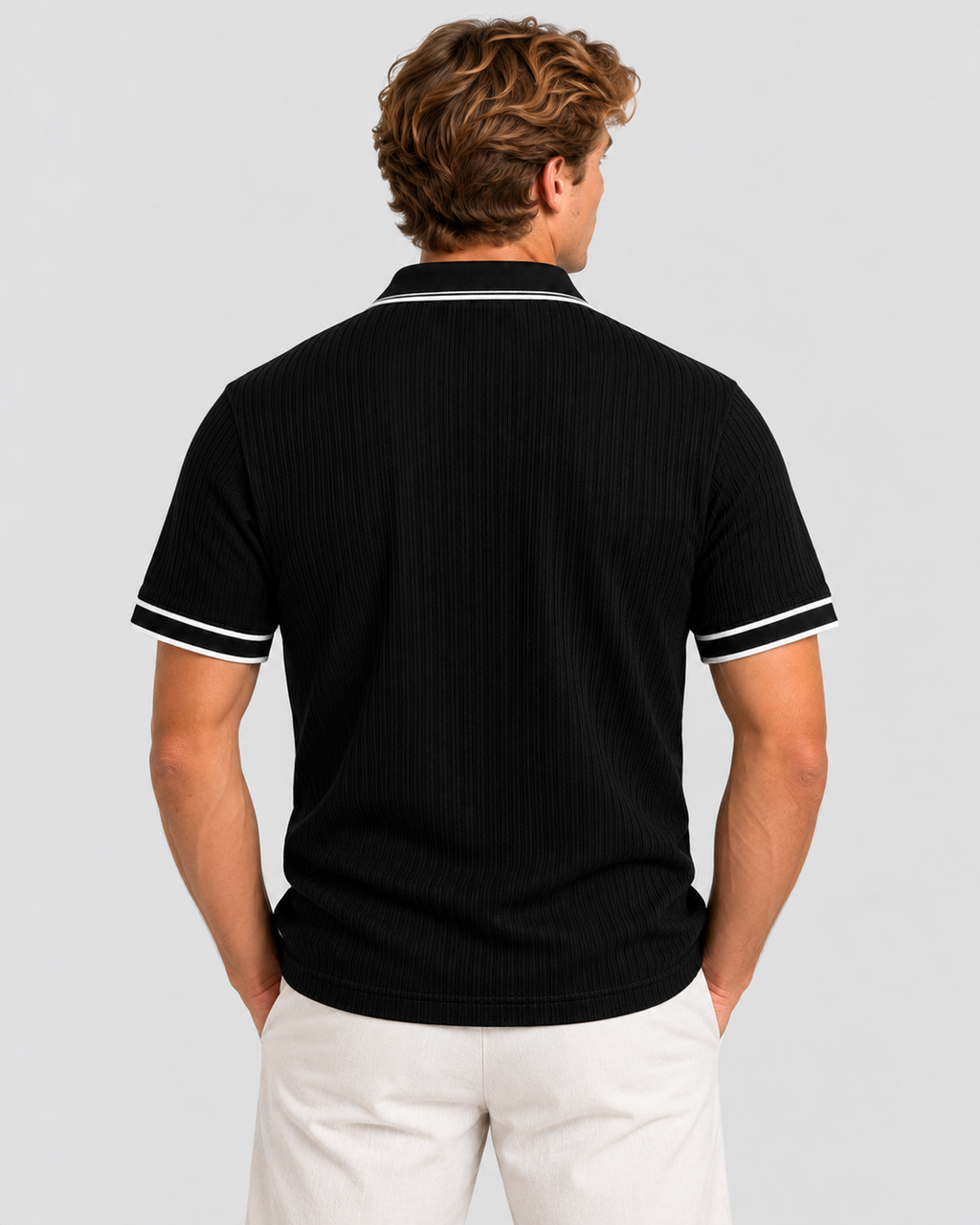 Strikket Poloshirt til Herrer - Kontrastkant, Kort Knaplukning