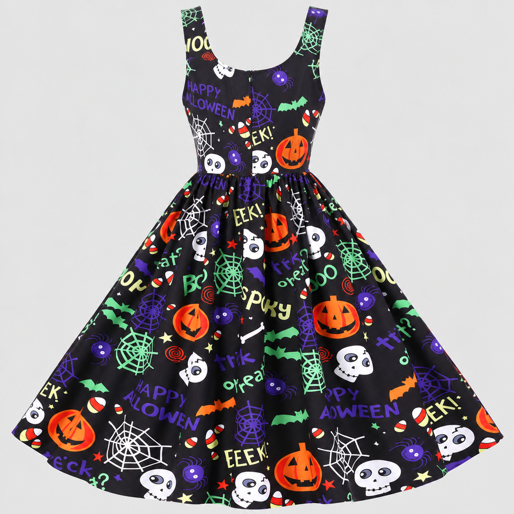 Halloween Swingkjole til Damer - Print med Græskar og Skelet i A-Linje