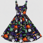 Halloween Swingkjole til Damer - Print med Græskar og Skelet i A-Linje