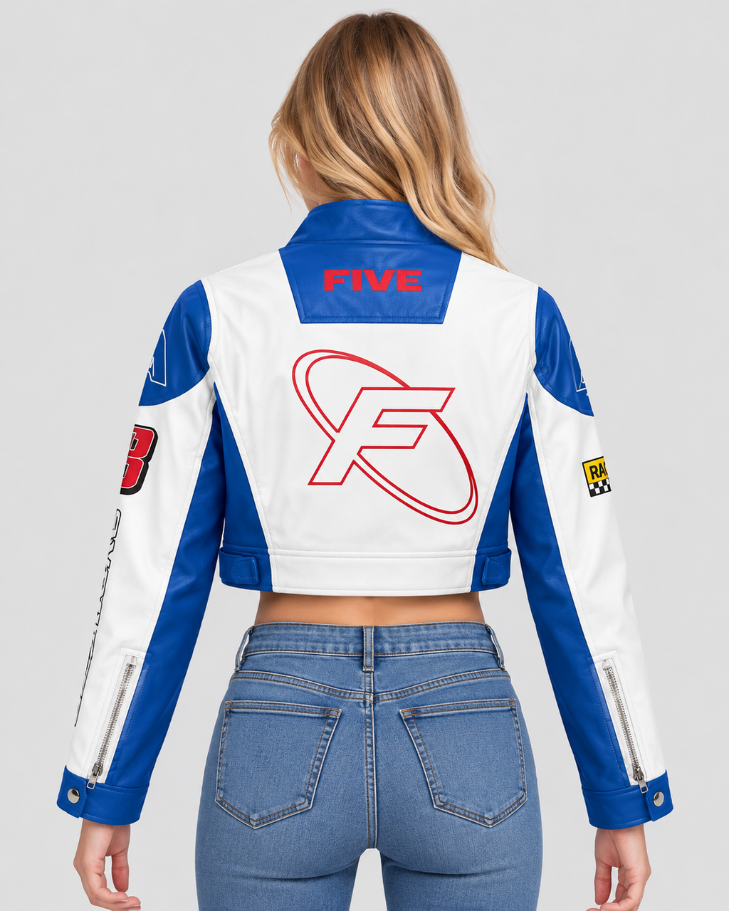Cropped Lynlåsjakke - Kontrastærmer, Broderede Patches
