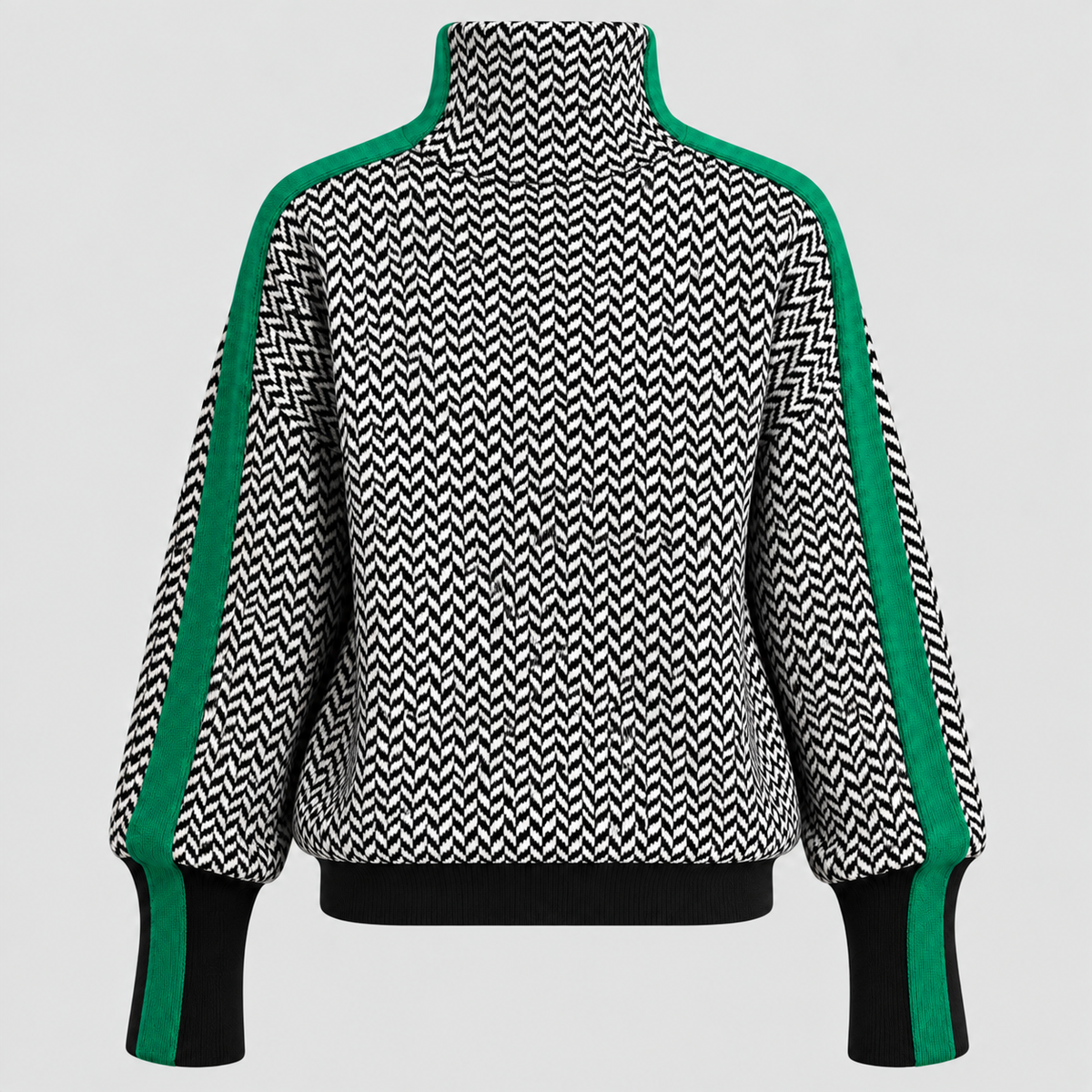 Strikket Sweater til Damer - Kontraststribe med Høj Krave
