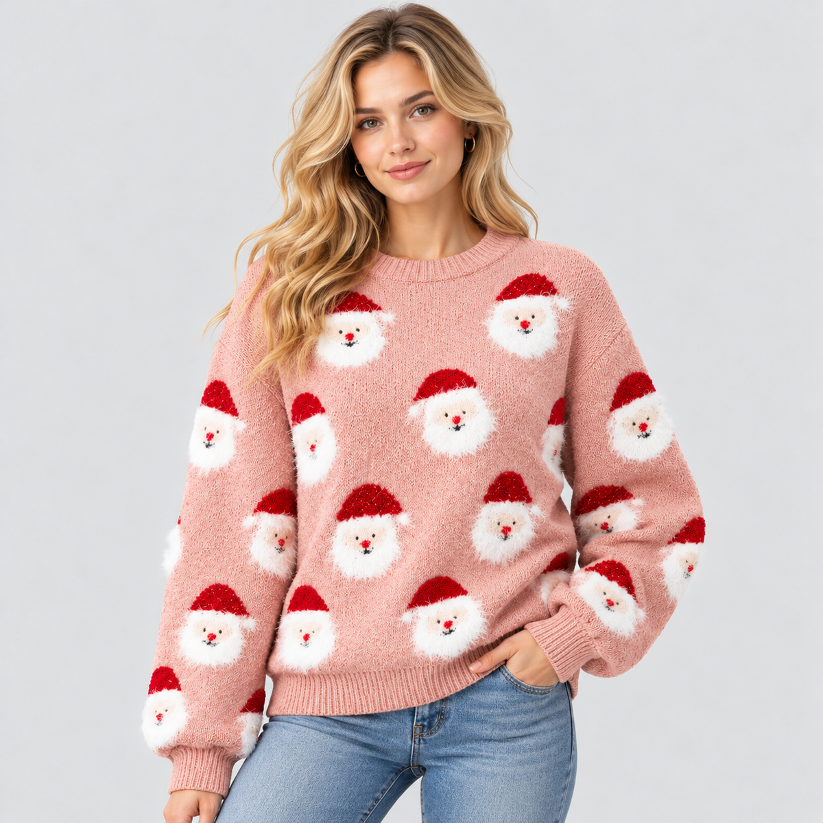 Julesweater med Julemandsprint til Damer - Oversized Strik