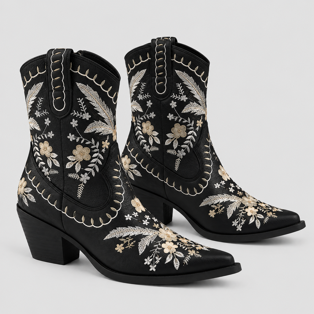 Broderede Cowgirlstøvler til Damer - Blomsterdesign med Blokhæl