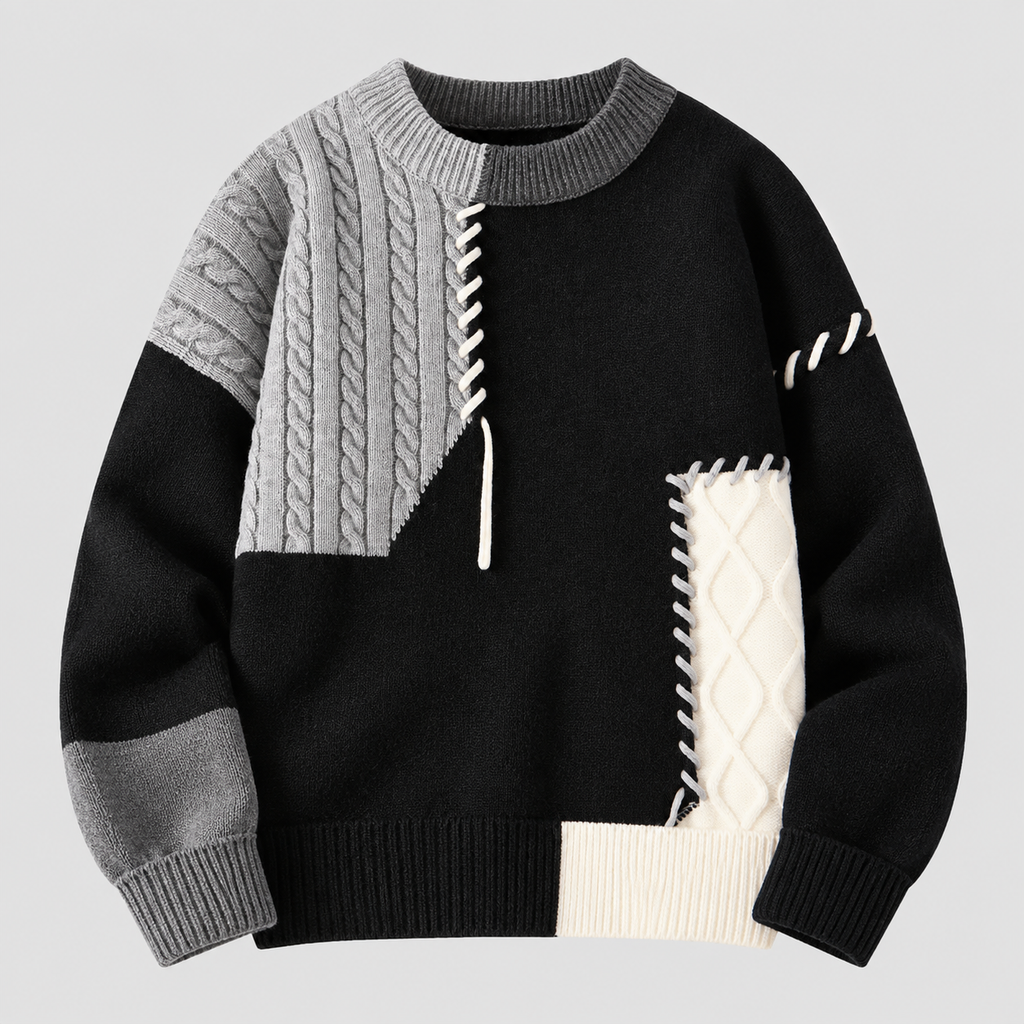 Patchwork Sweater til Herrer - Colorblock Strik med Kabelstruktur