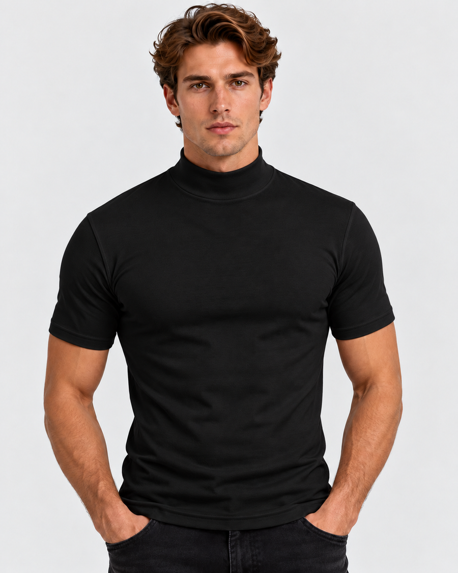 T-Shirt med Høj Hals til Herrer - Tætsiddende, Korte Ærmer