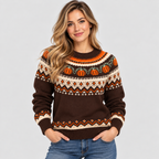 Græskar-Jacquard Sweater til Damer - Fair Isle Halloween-Strik