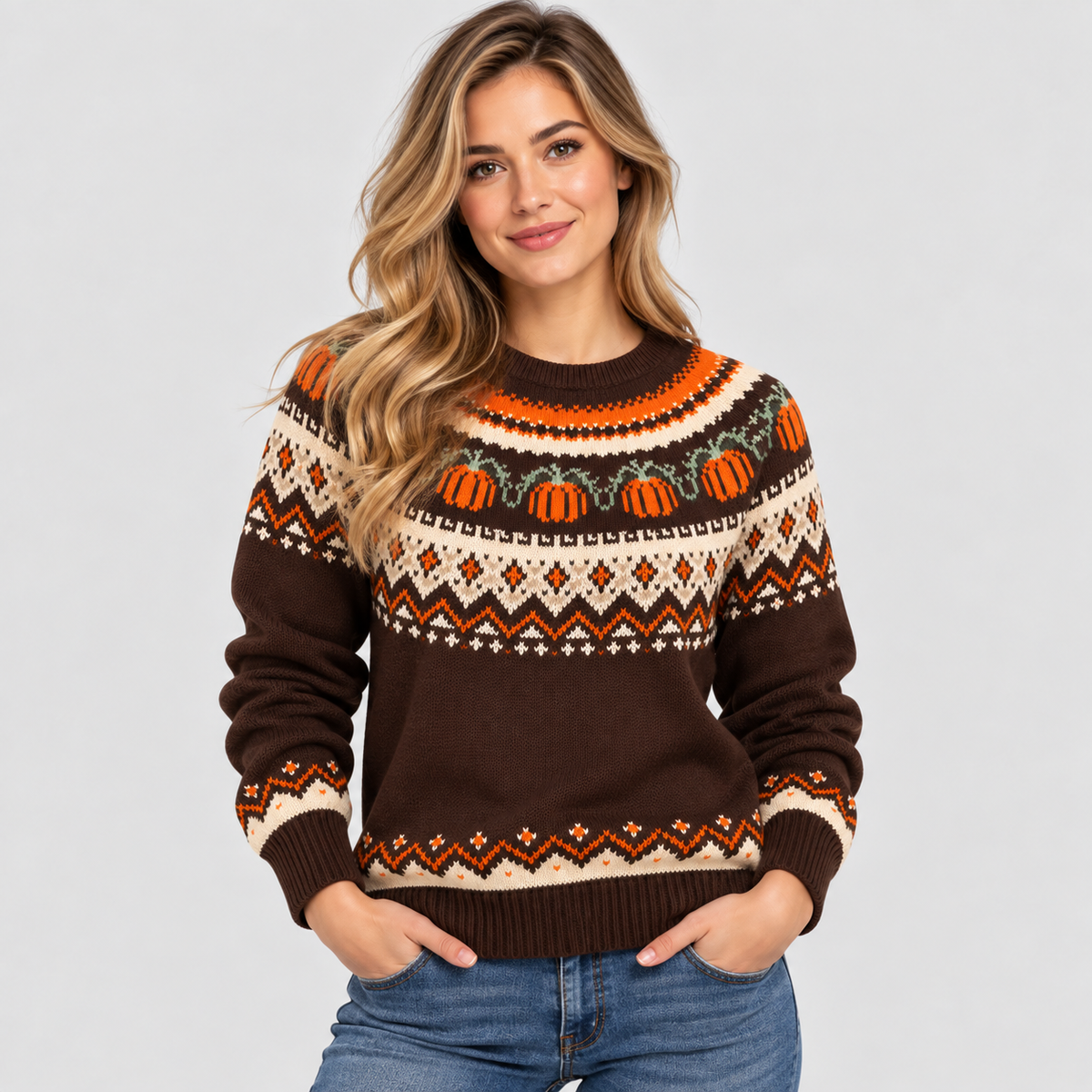 Græskar-Jacquard Sweater til Damer - Fair Isle Halloween-Strik