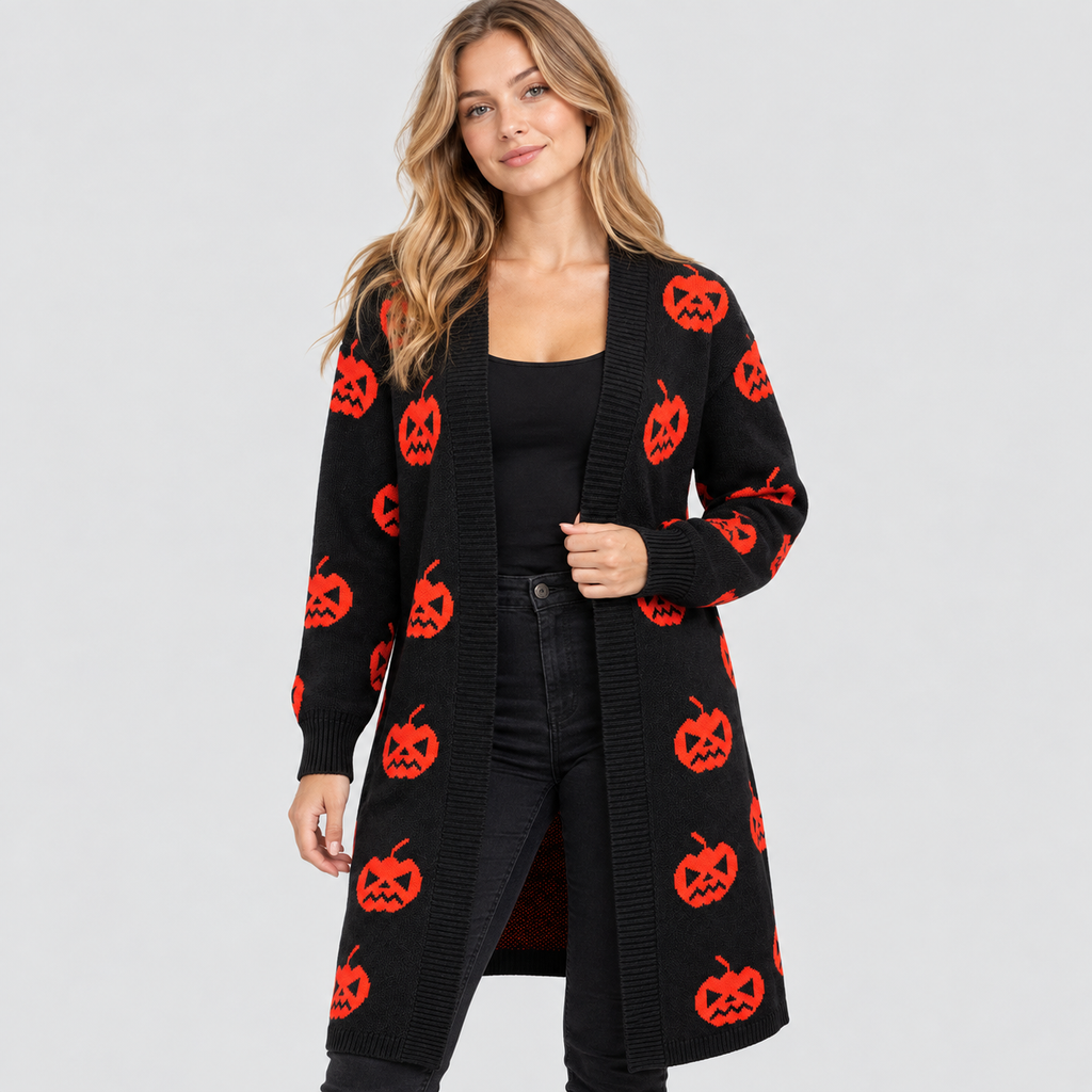 Cardigan med Græskarprint til Damer - Lang Åben Halloween-Strik