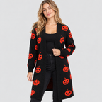 Cardigan med Græskarprint til Damer - Lang Åben Halloween-Strik