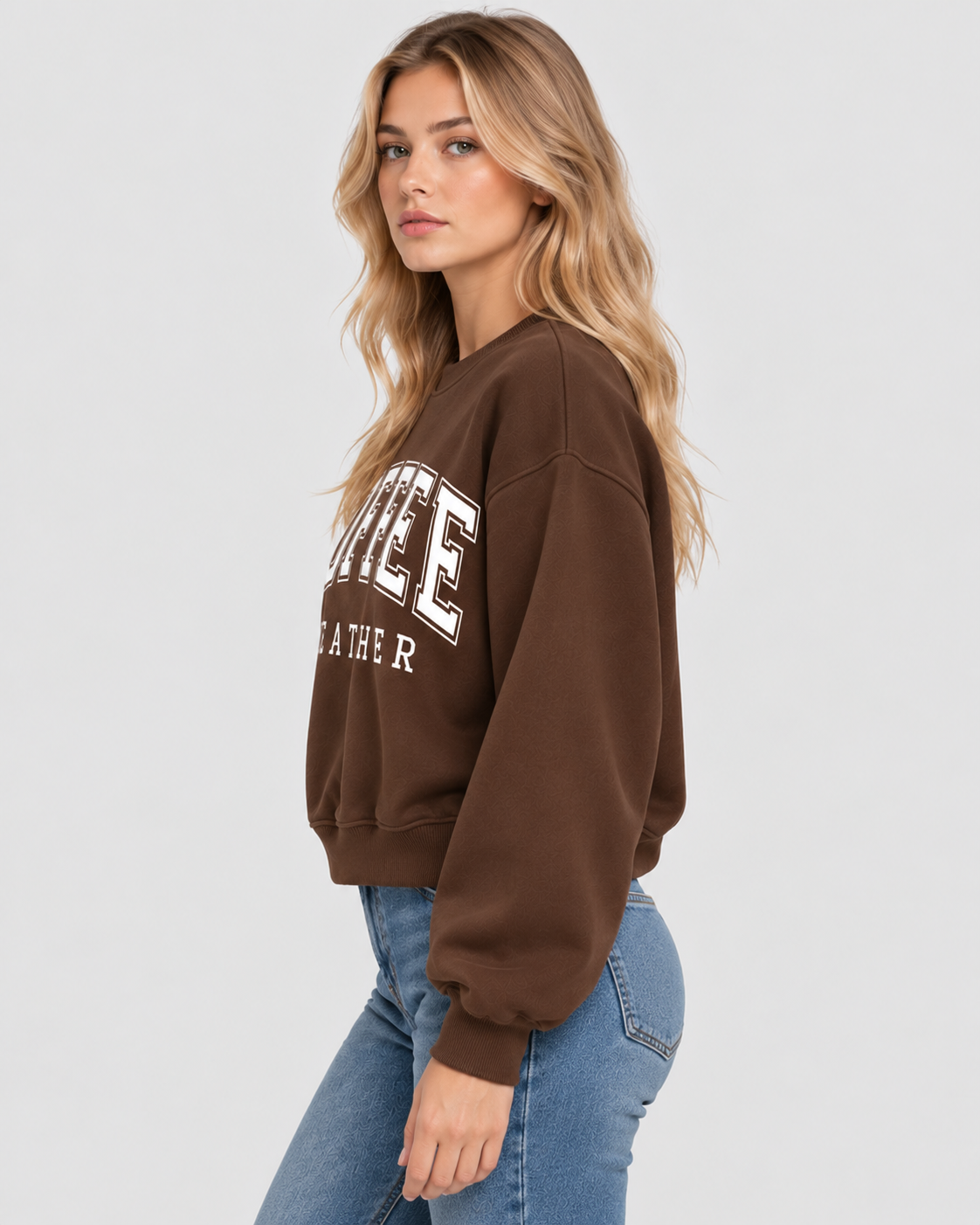 Sweatshirt med Slogan til Damer - COFFEE WEATHER Print, Rund Hals