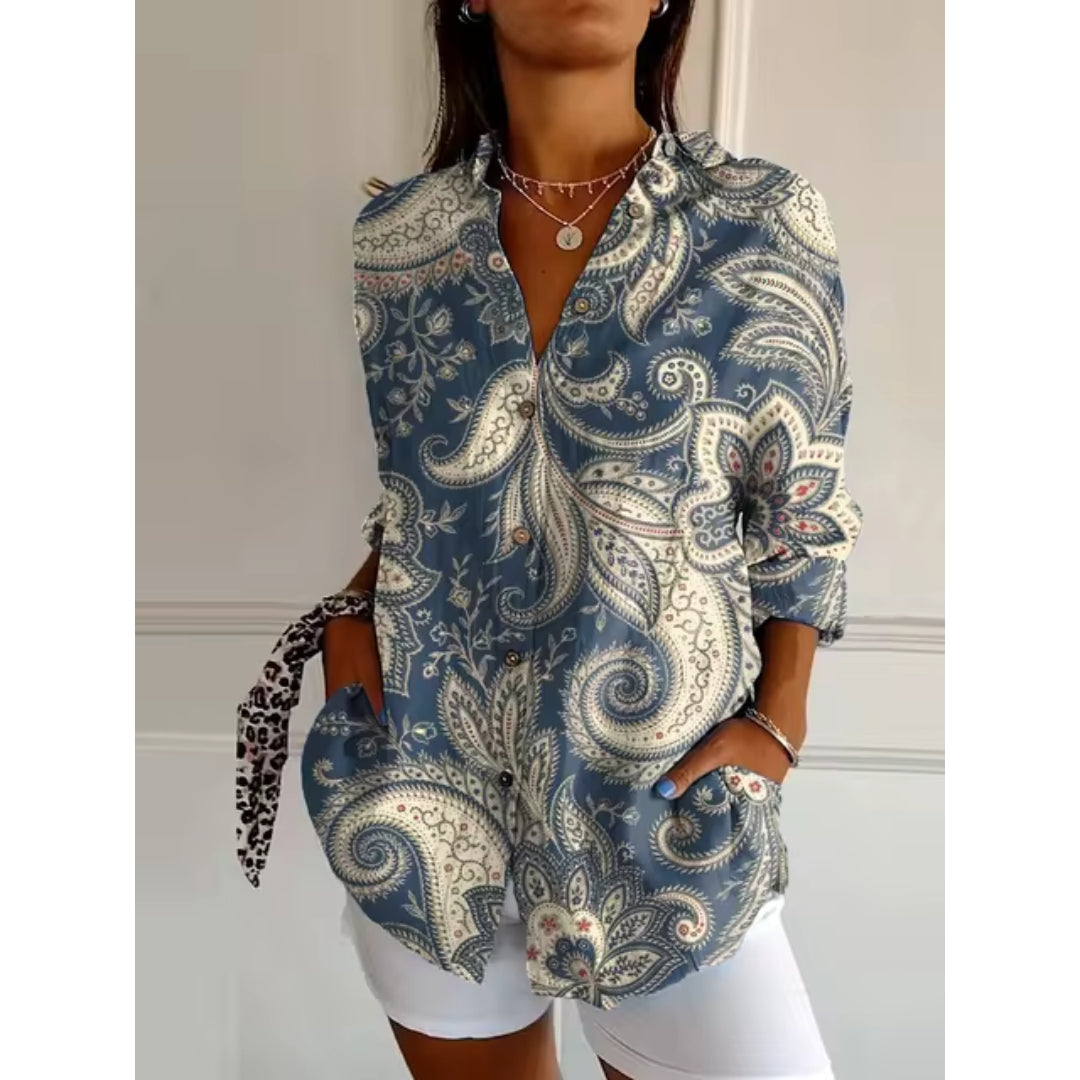 Boheme bluse med blomster mønster V hals