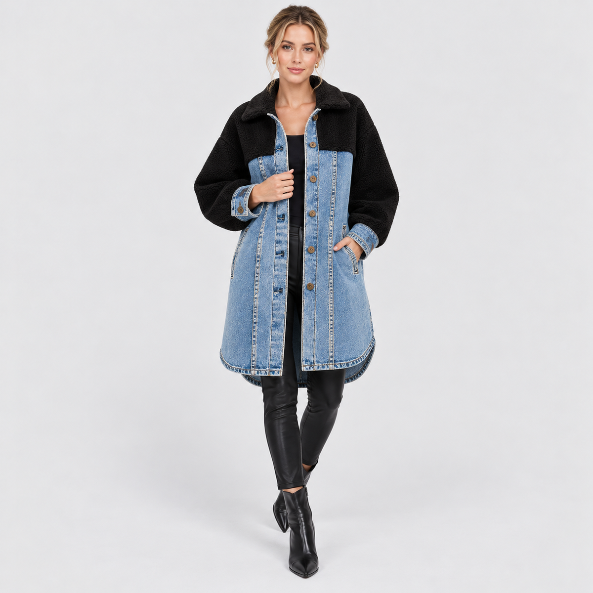 Lang Denimjakke - Sherpa-For, Knaplukning