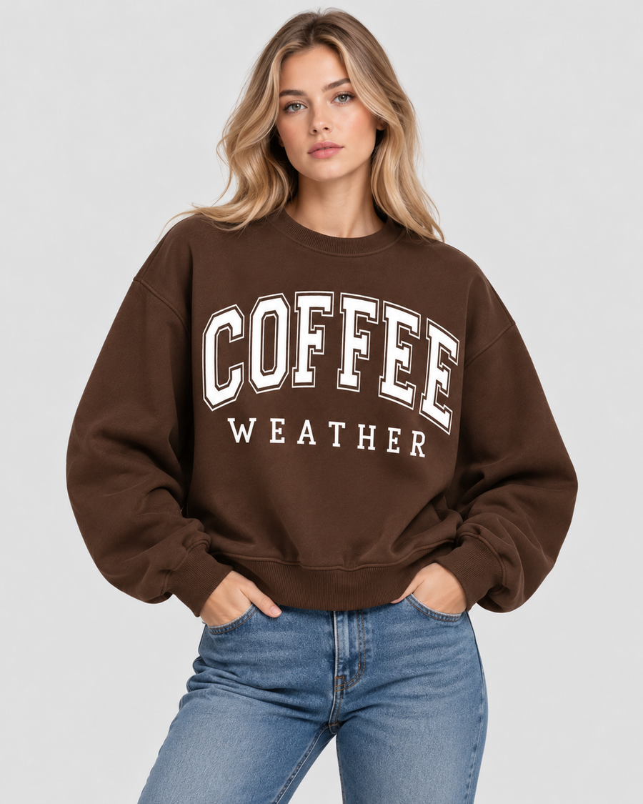 Sweatshirt med Slogan til Damer - COFFEE WEATHER Print, Rund Hals
