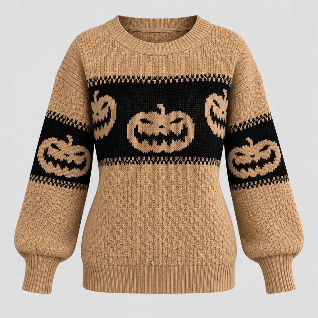 Græskarsweater til Damer - Strik med Uhyggeligt Ansigt til Halloween
