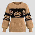 Græskarsweater til Damer - Strik med Uhyggeligt Ansigt til Halloween