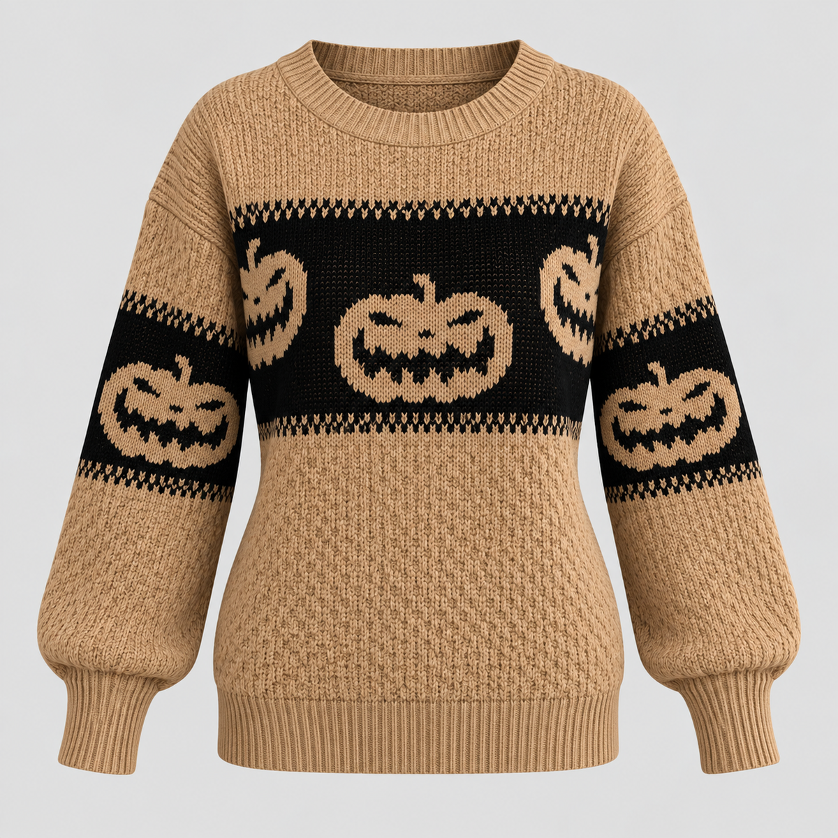 Græskarsweater til Damer - Strik med Uhyggeligt Ansigt til Halloween