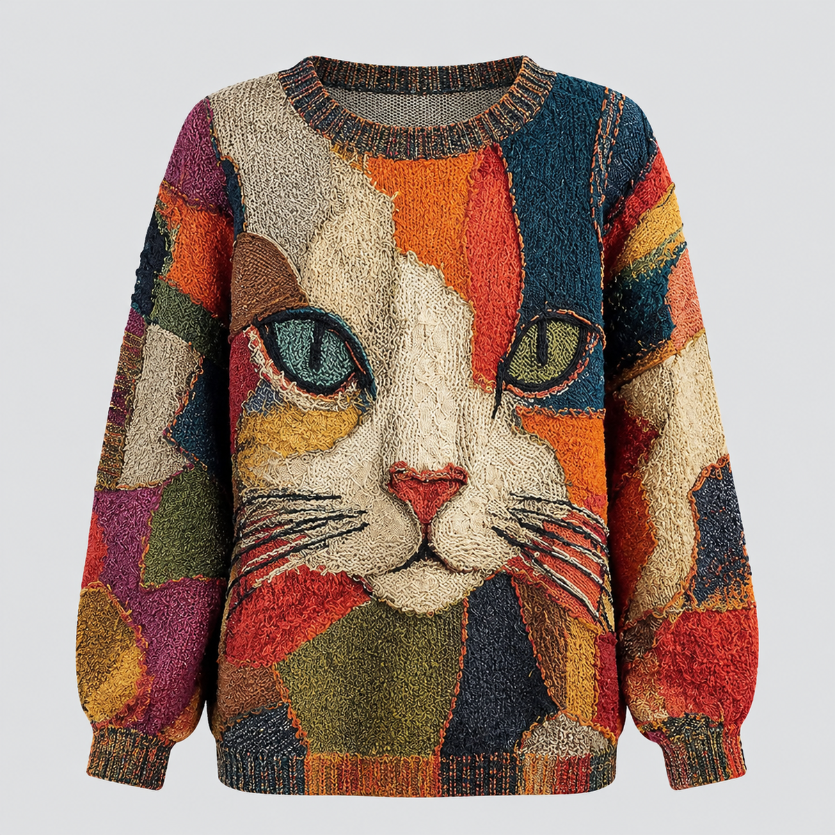 Sweater med Kattemotiv - Rund Hals, Afslappet Strik