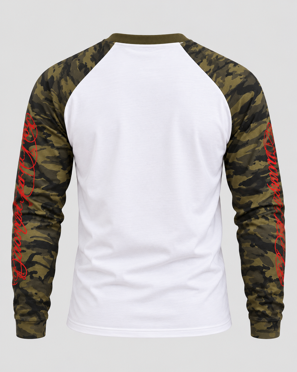 Langærmet Raglan T-Shirt til Herrer - Camo-Ærmer, Rød Skriftgrafik