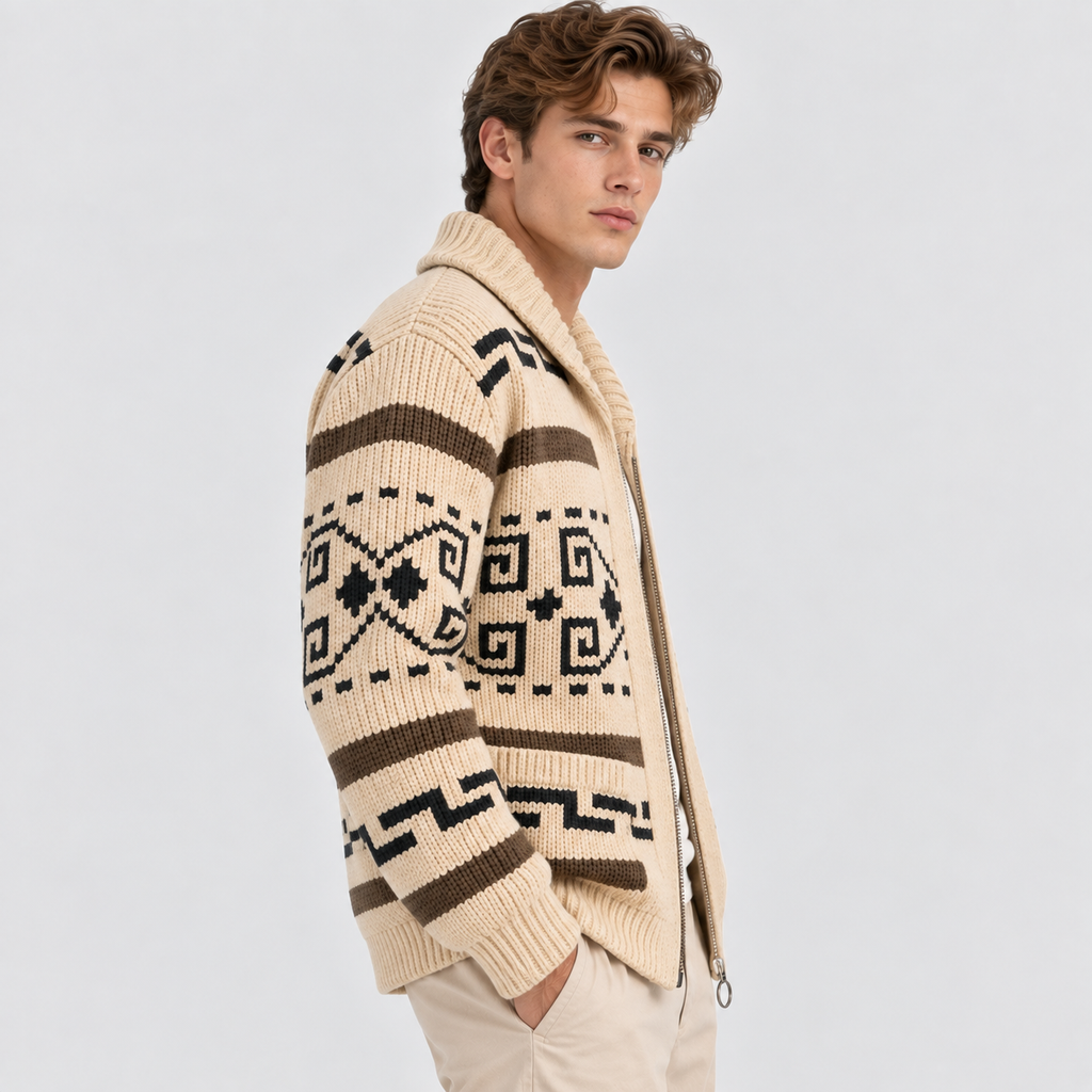 Aztec-mønstret Cardigan - Åben Front Strikket Sweater