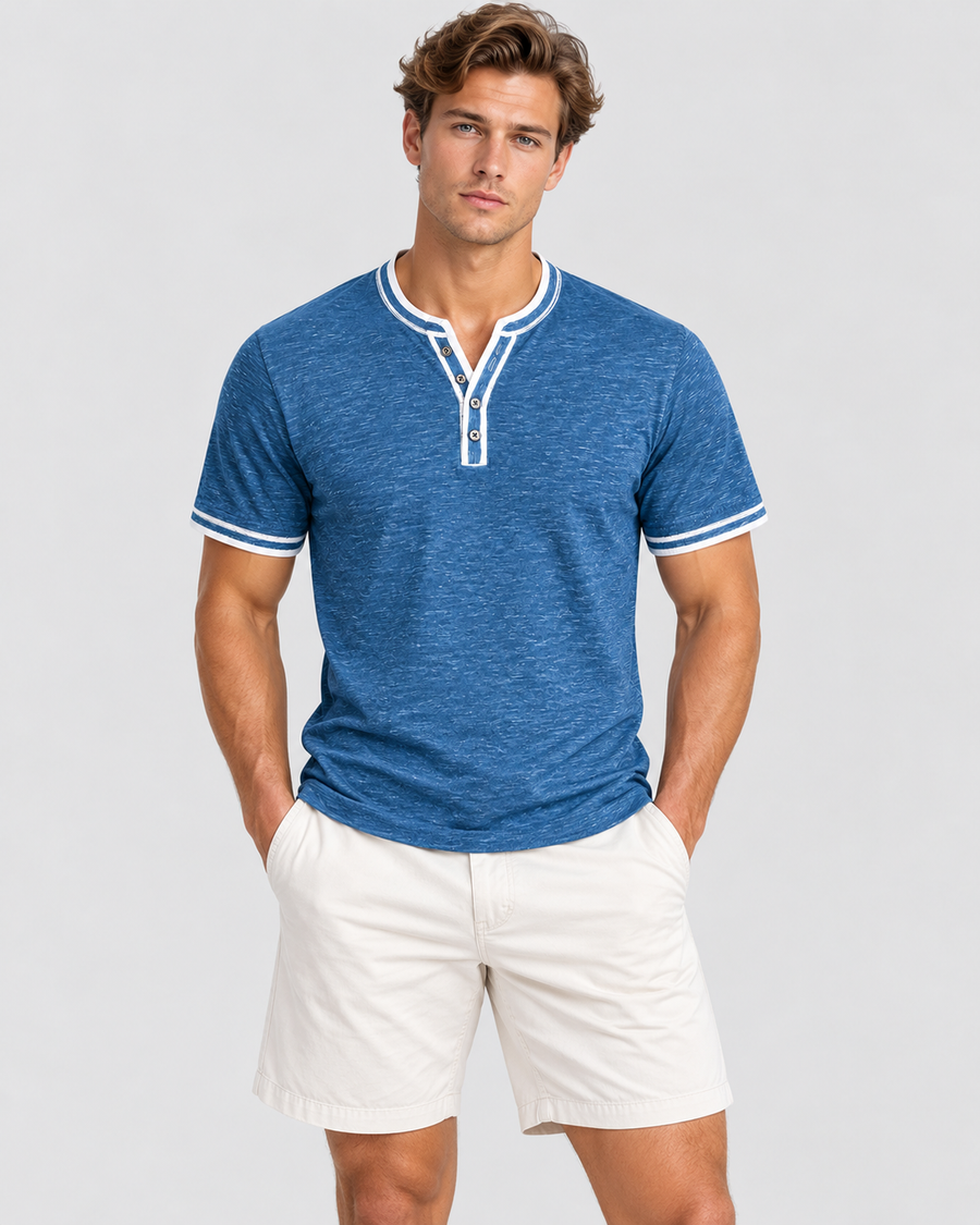 Henley T-Shirt til Herrer - Korte Ærmer, Knaplukning, Kontrastkant