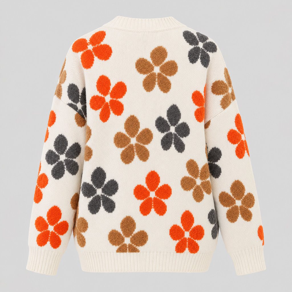 Blomstret Cardigan til Damer - Oversized Strik, Knaplukning Foran