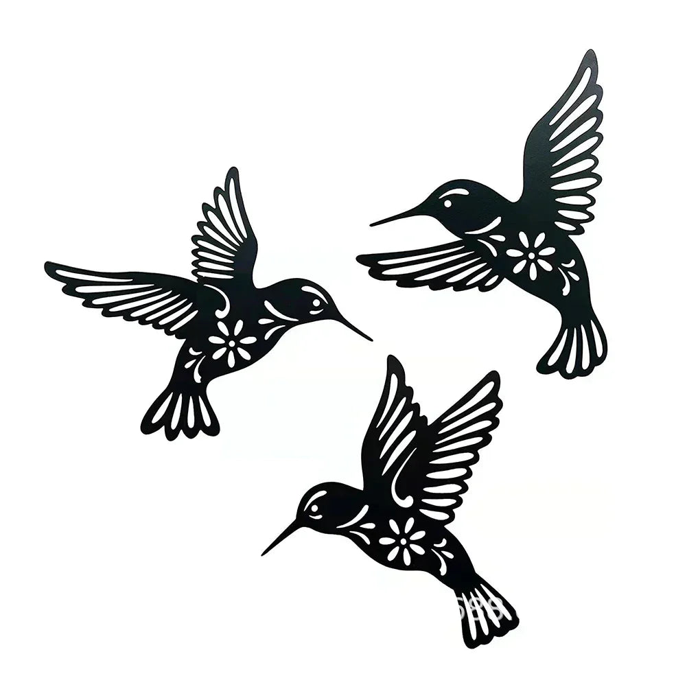 3-delt Metal Kolibri Vægkunst i Sort – Dekoration til Stue og Hjem