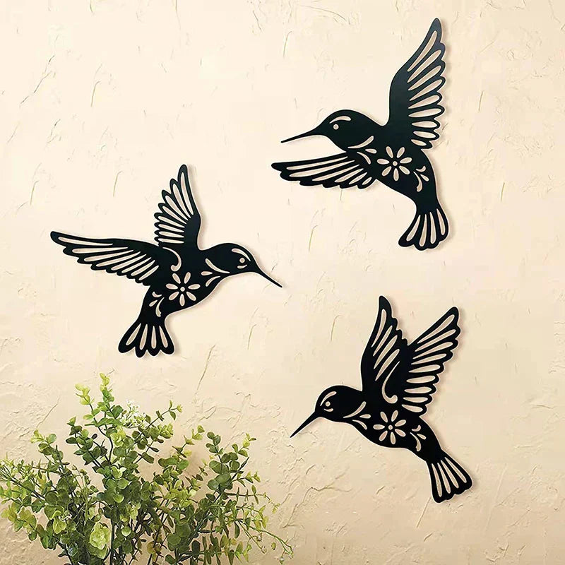 3-delt Metal Kolibri Vægkunst i Sort – Dekoration til Stue og Hjem