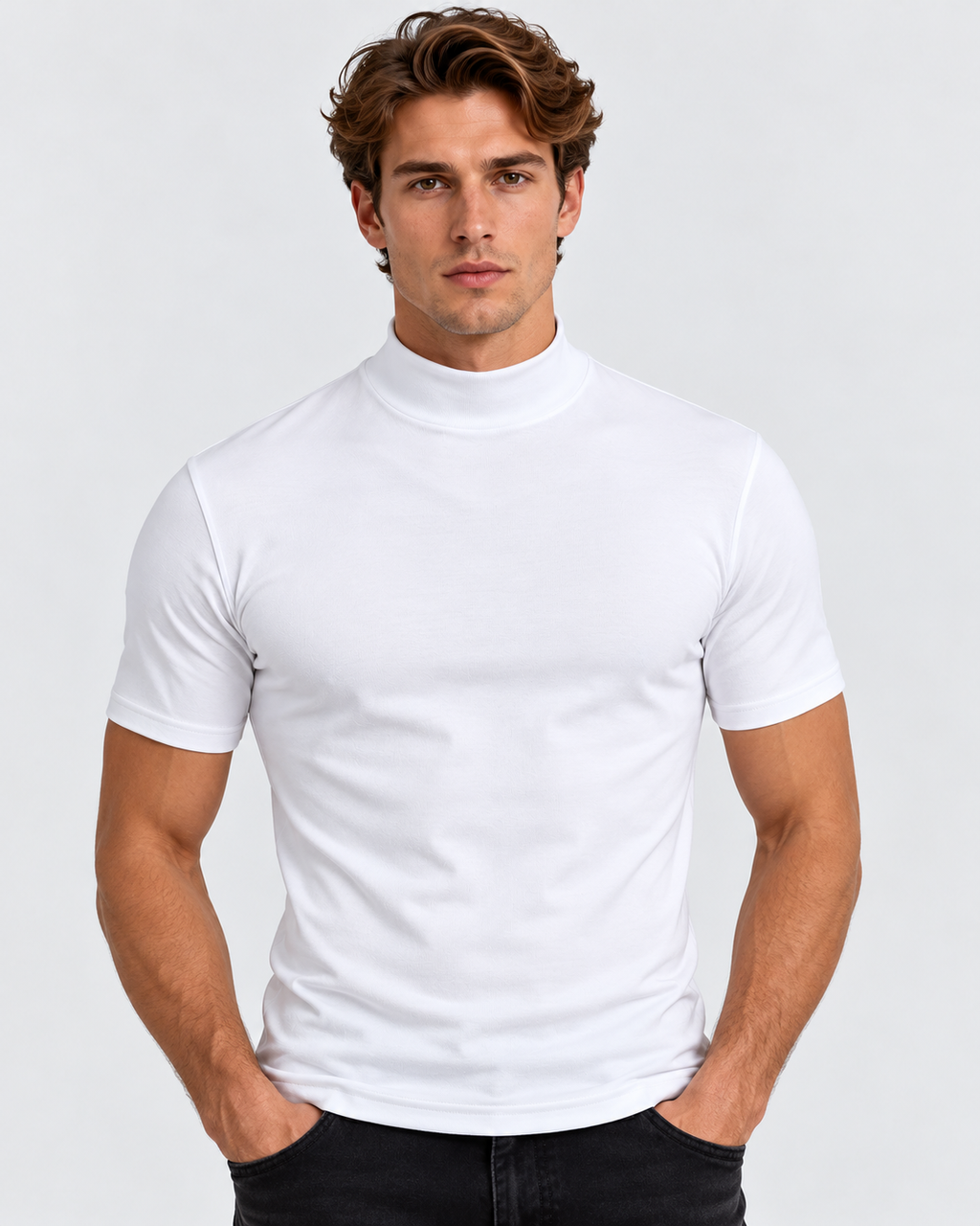 T-Shirt med Høj Hals til Herrer - Tætsiddende, Korte Ærmer