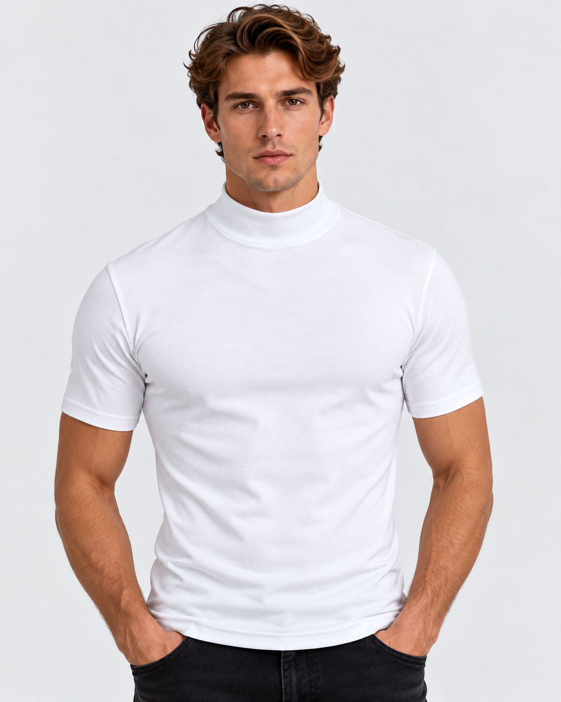 T-Shirt med Høj Hals til Herrer - Tætsiddende, Korte Ærmer