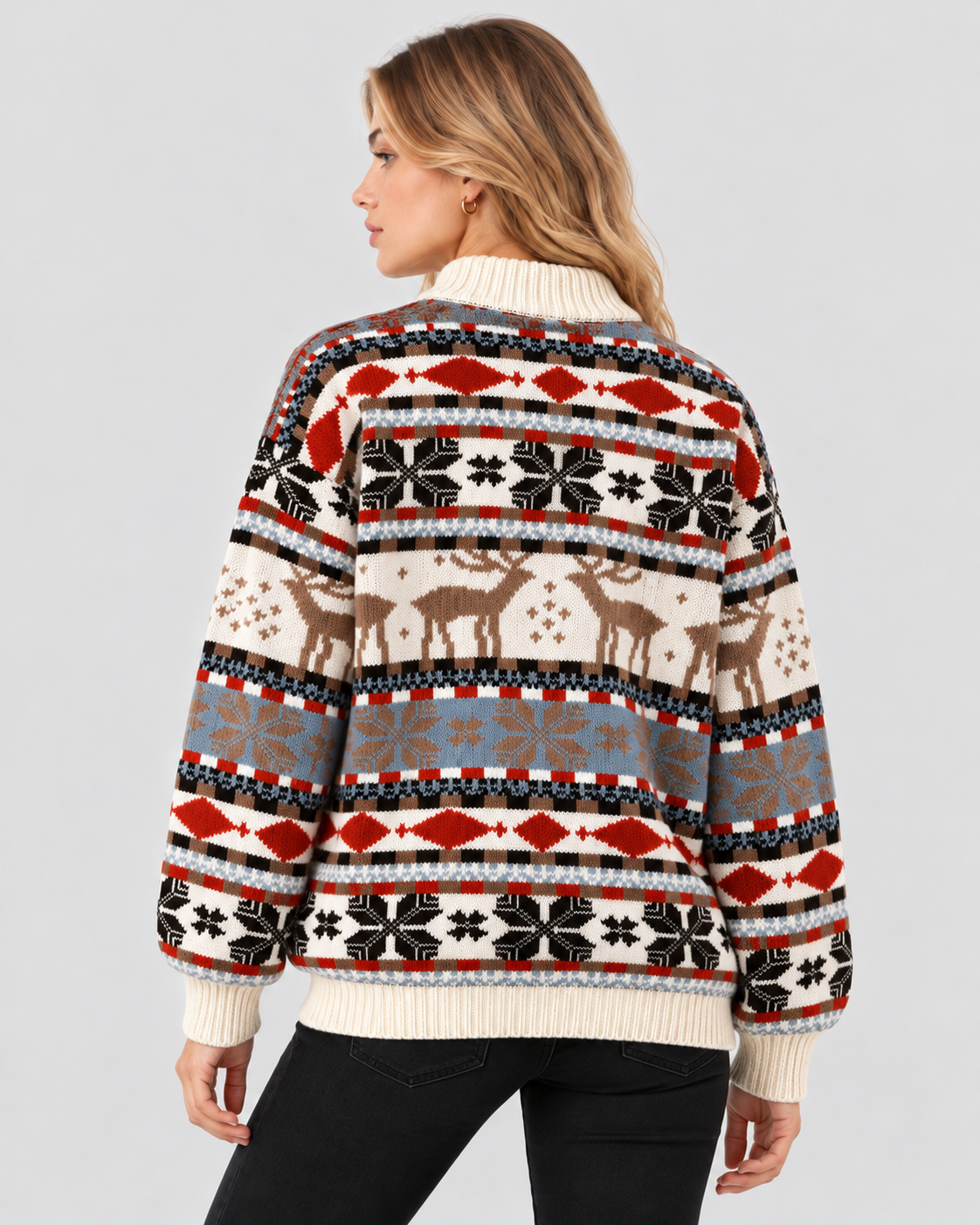Fair Isle Rensdyrsweater til Damer - Snefnugsbånd, Ribbet Rund Hals