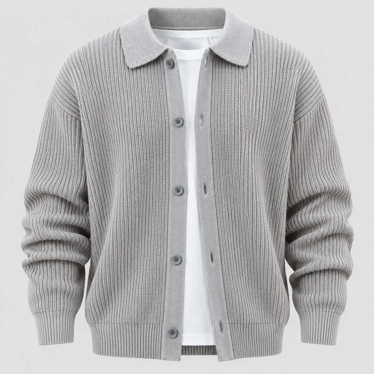 Cardigan med Knaplukning til Herrer - Ribstrik, Regular Fit