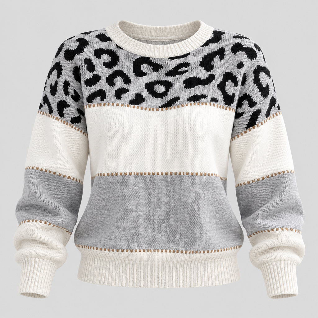 Strikket Sweater til Damer - Leopardprint med Colorblock-Felter