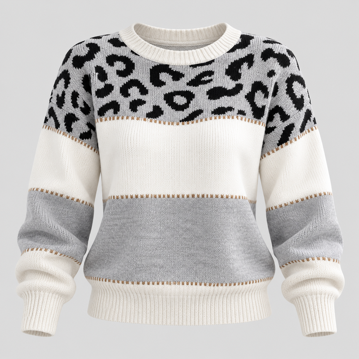 Strikket Sweater til Damer - Leopardprint med Colorblock-Felter
