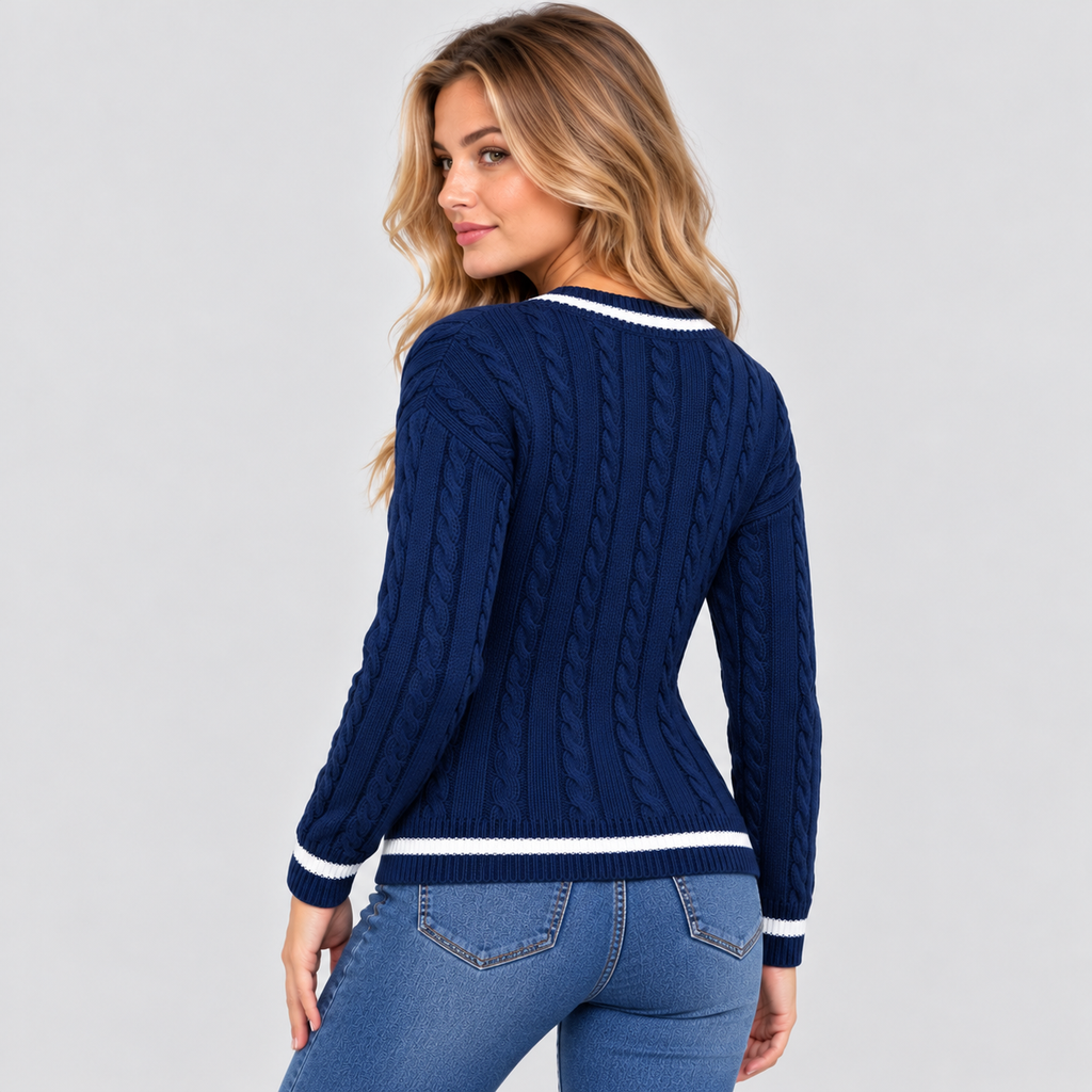 Kabelstrikket Sweater til Damer - V-Hals, Kontrastkant
