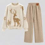 Hjortebroderet Sweater til Damer - Cremefarvet Strikket Pullover