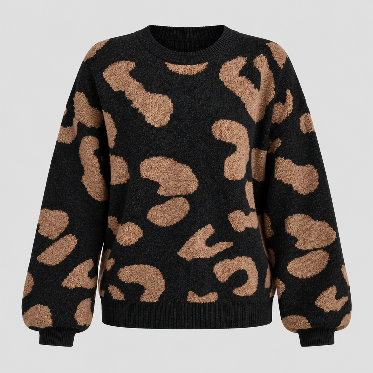 Leopardmønstret Sweater til Damer - Rund Hals, Lange Ærmer