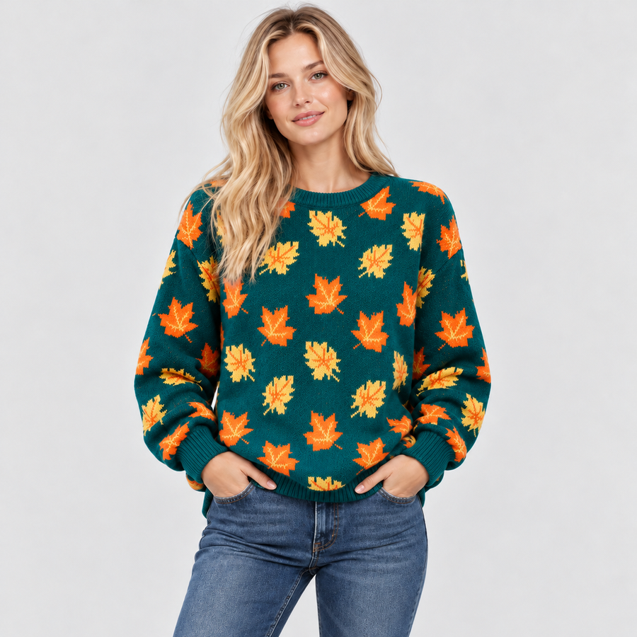 Efterårsbladprintet Sweater - Rund Hals, Afslappet Strik