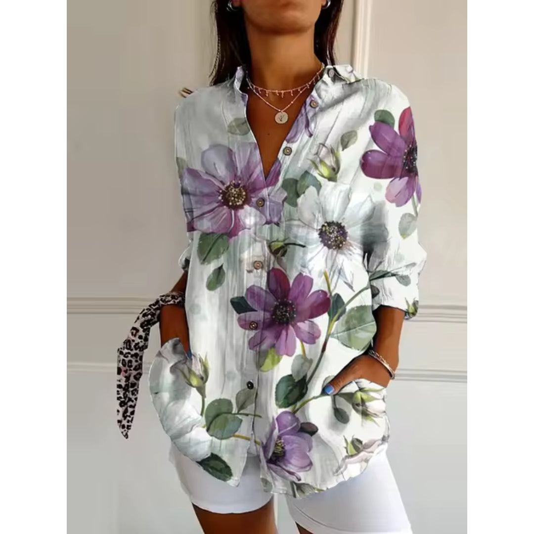 Boheme bluse med blomster mønster V hals