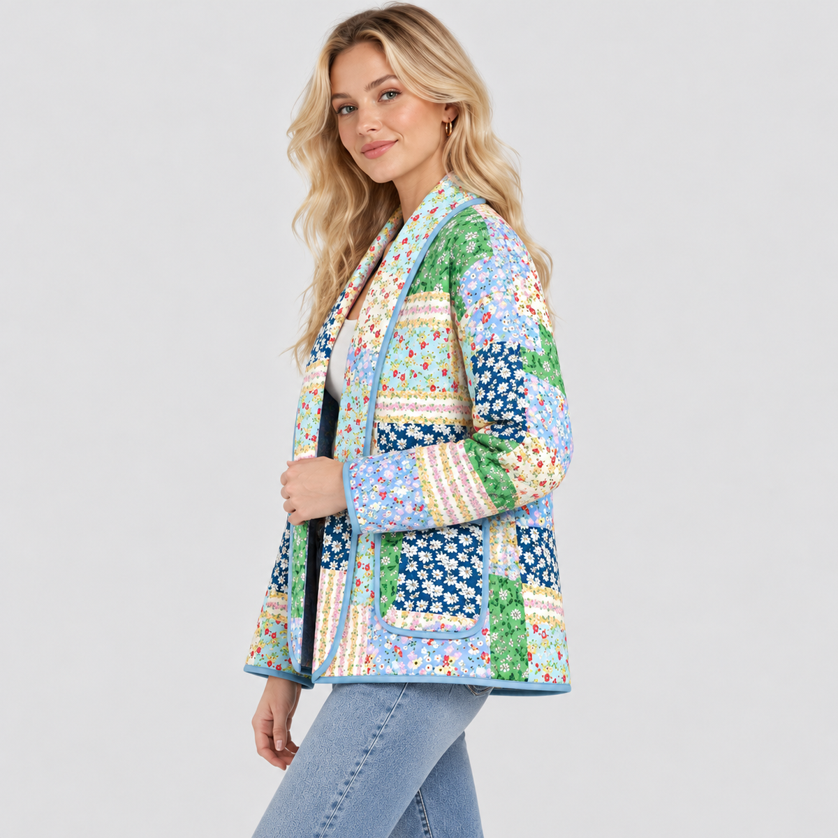 Patchwork Jakke til Damer - Bomuld, Kasseformet Pasform
