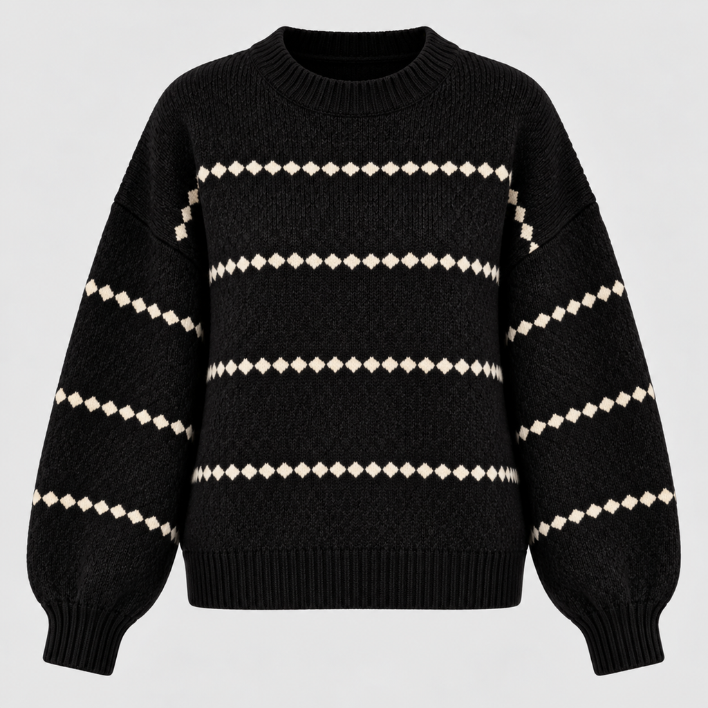 Oversized Popcorn-Strikket Sweater til Damer - Rund Hals, Ribkant