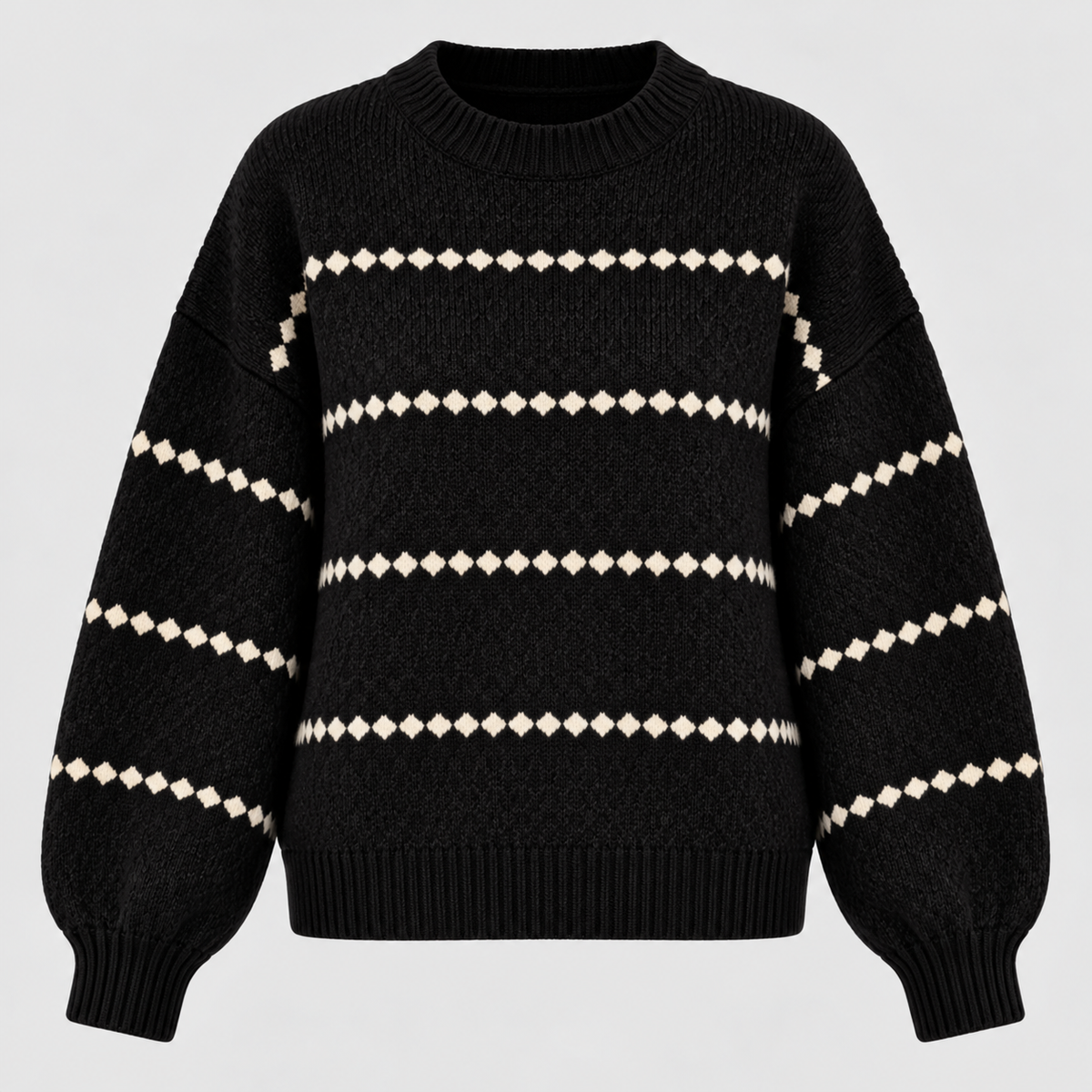 Oversized Popcorn-Strikket Sweater til Damer - Rund Hals, Ribkant