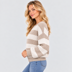 Stribet Grovstrikket Sweater til Damer - Rund Hals, Faldende Skuldre