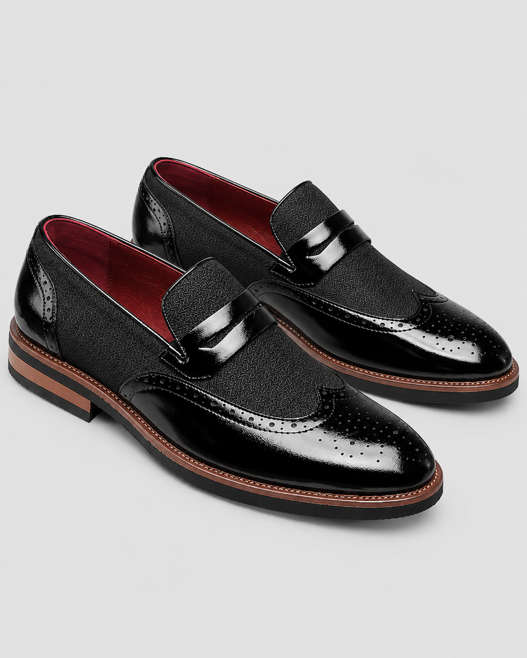 Penny Loafers til Herrer - Wingtip Brogue, Herringbone Panel, Kunstlæder