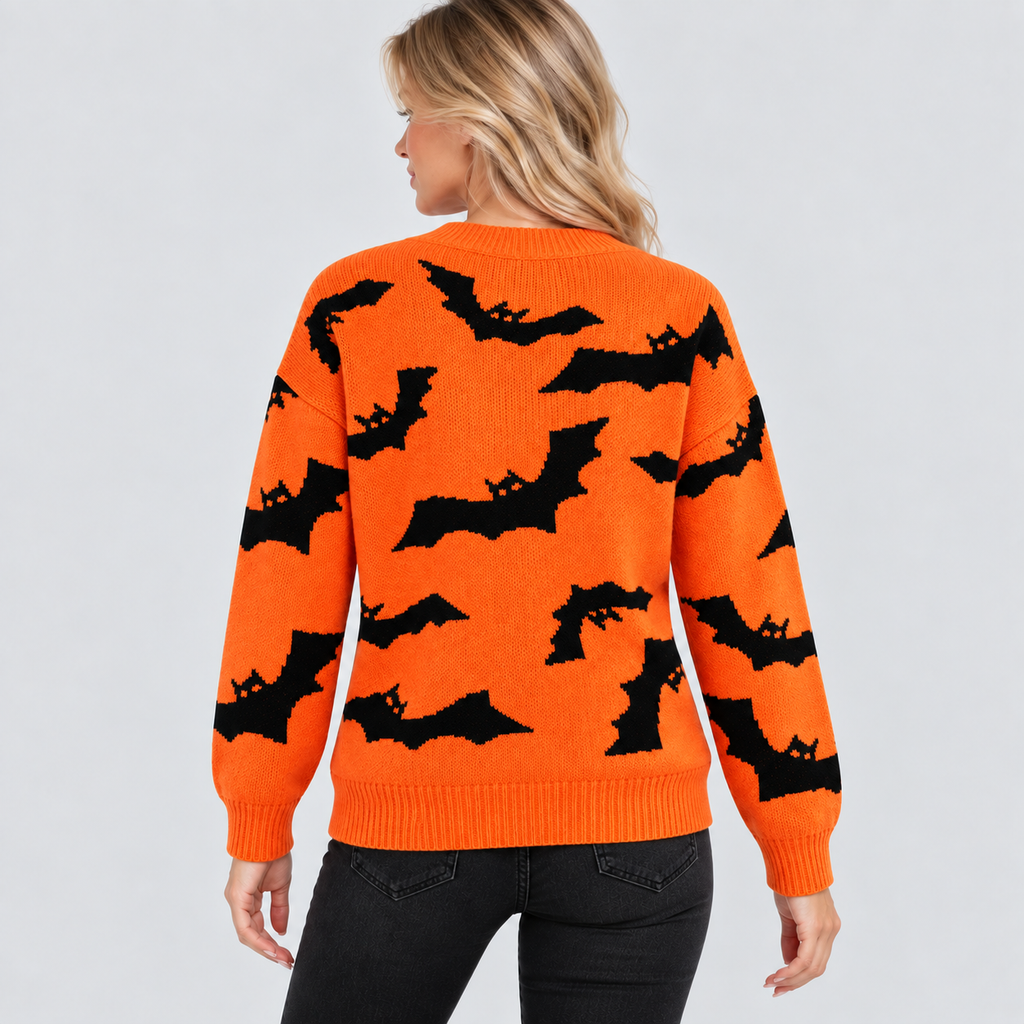 Trøje med Flagermusprint til Halloween - Jacquardstrikket Pullover